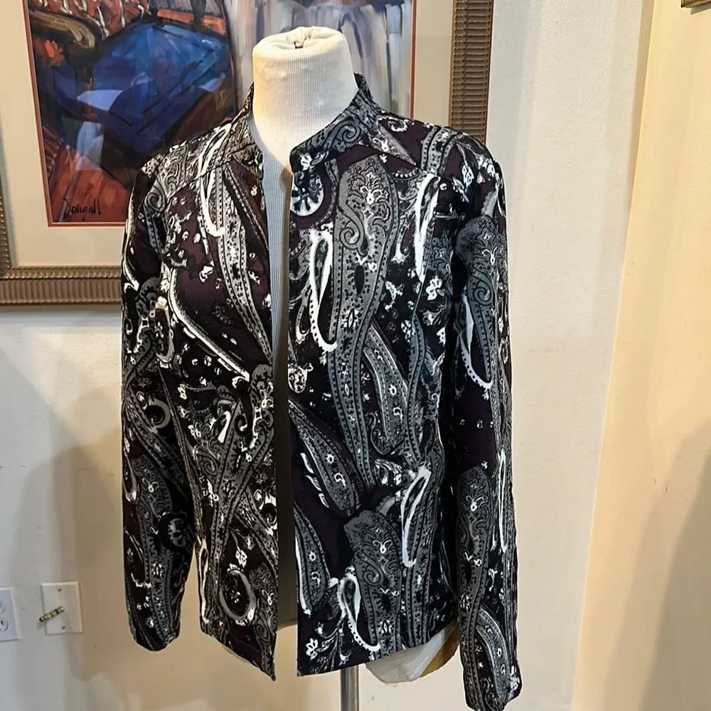 Chico's Burgundy/Black/White Paisley Pattern Jacket Size 2-Large